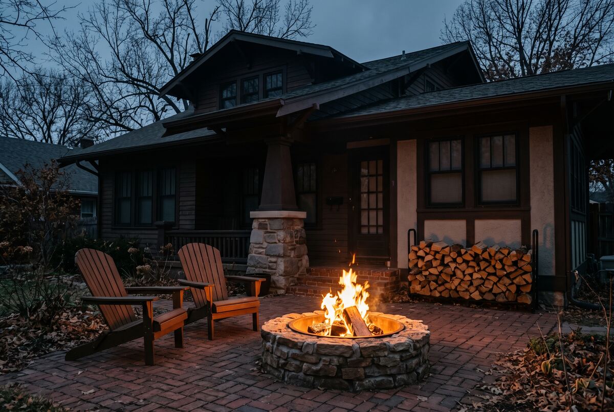 A stone fire pit burning on the brick patio of a midtown Tulsa bungalow at dusk, split firewood stacked against the house