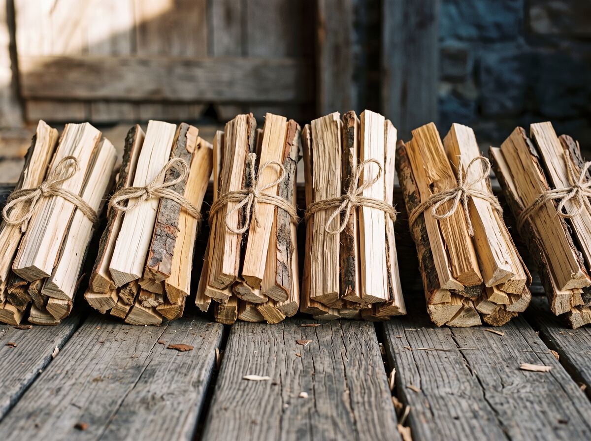 A row of dry split kindling bundles tied with jute twine on weathered barn boards
