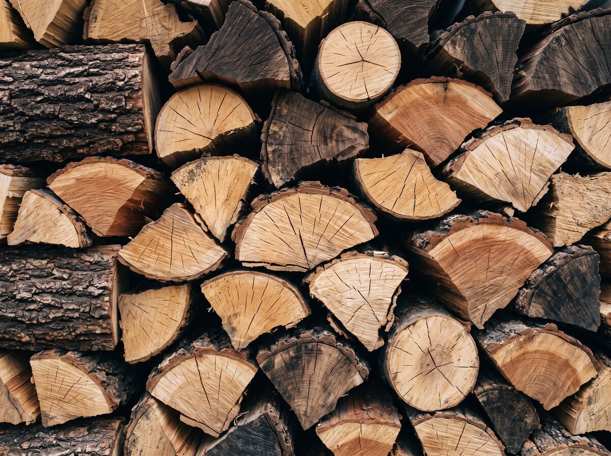 A stacked face of mixed hardwood firewood — split oak, maple and cherry rounds seen end-on