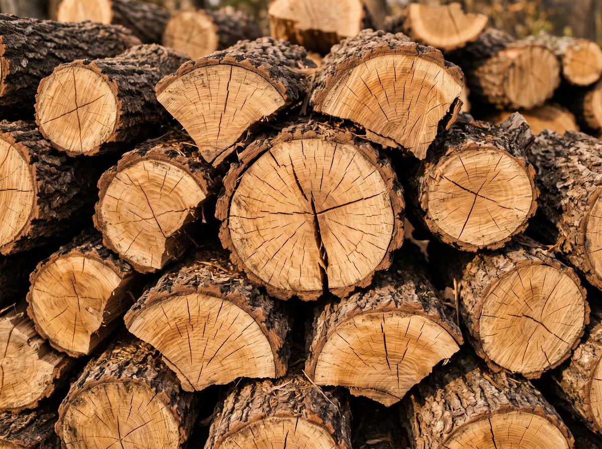 Close-up of seasoned split oak firewood showing deep radial checking in the end grain