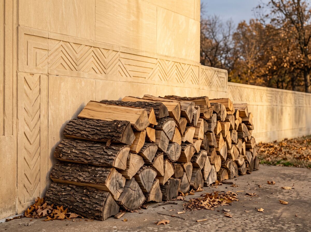 A rick of split seasoned oak firewood stacked against a carved Art Deco limestone wall in Tulsa